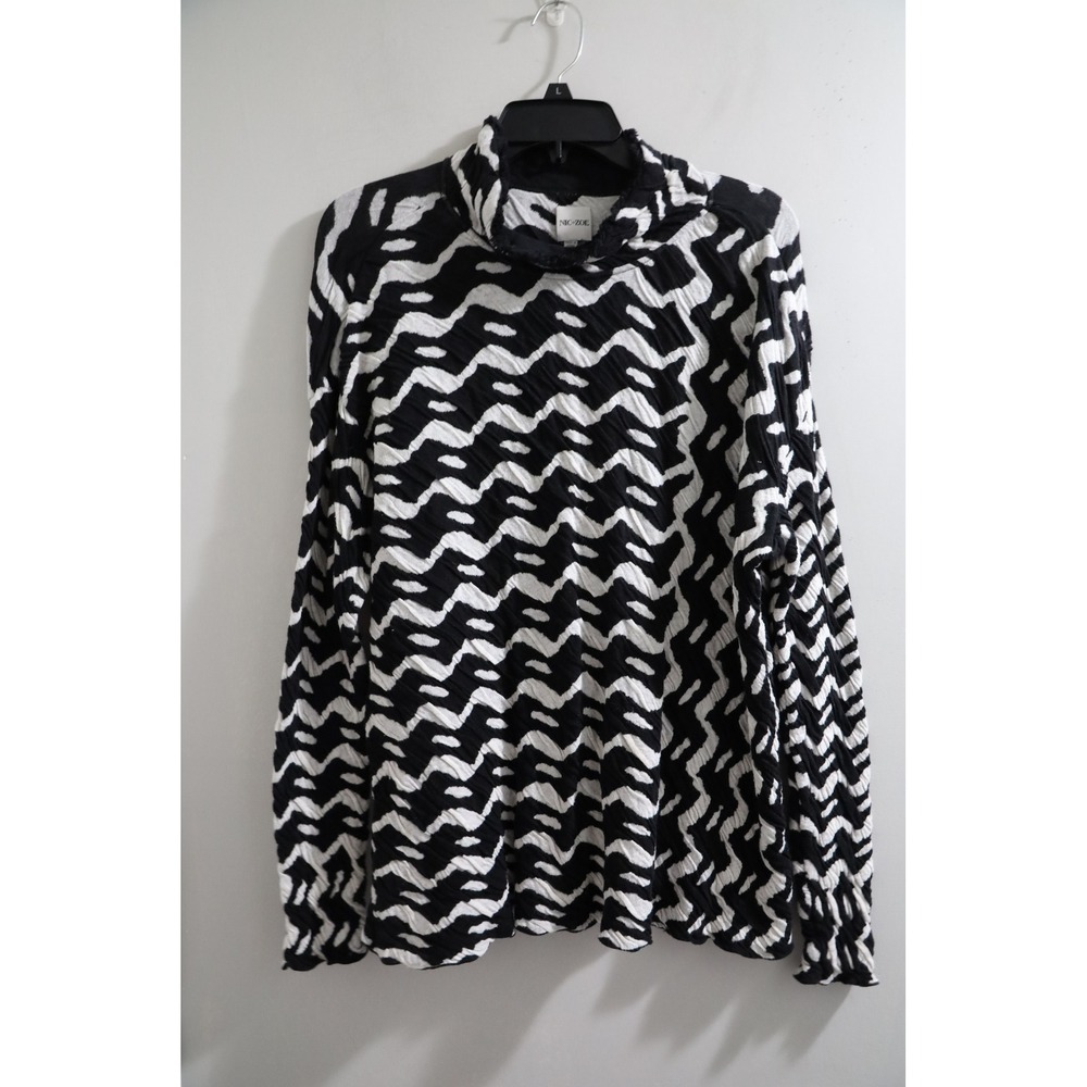 NIC+ZOE Black White Wavy Crinkle Mock Neck Long Sleeve Cotton Top Medium